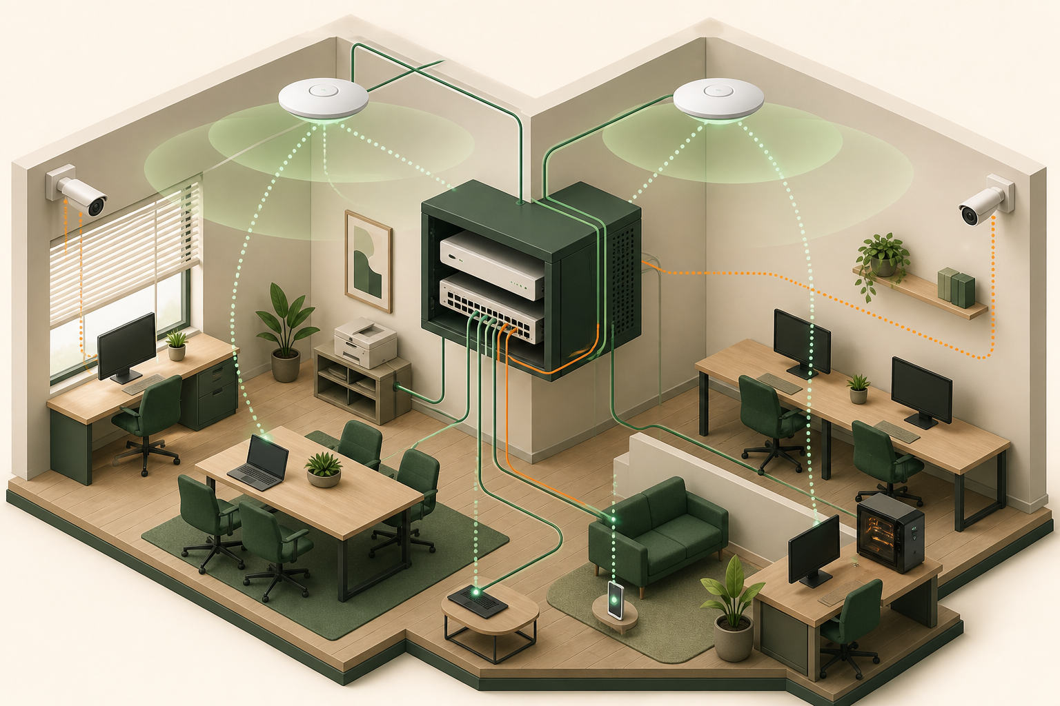 Isometric Welcare office network with UniFi-style gateway, PoE switch, access points, cameras, and connected workstations